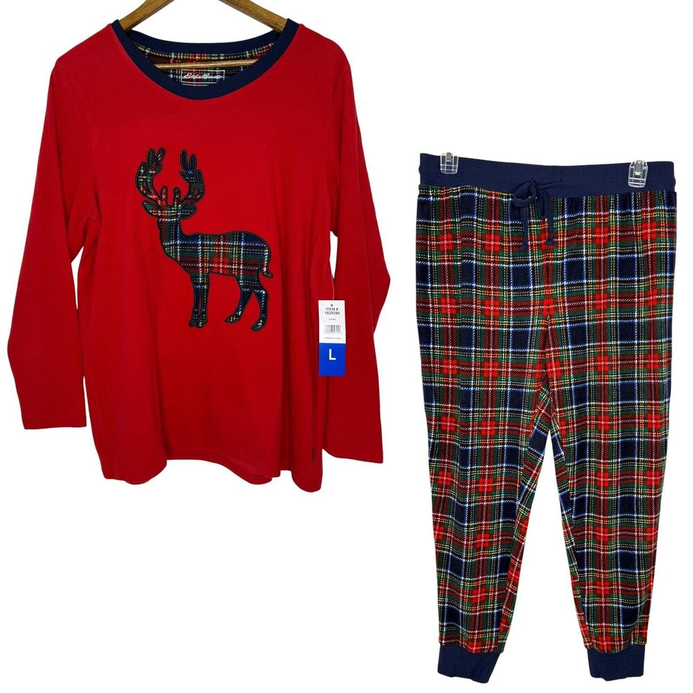 Eddie Bauer Pajama Set Womens Large Red Plaid Deer Thermal Knit 2pc Christmas